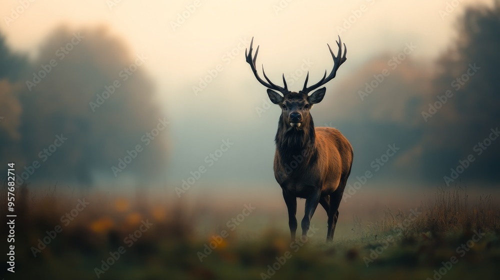 Majestic deer with large antlers standing in a misty meadow surrounded by autumn trees, peaceful and serene wildlife scene. Majestic deer with large antlers standing in a misty meadow surrounded by autumn trees, peaceful and serene wildlife scene.