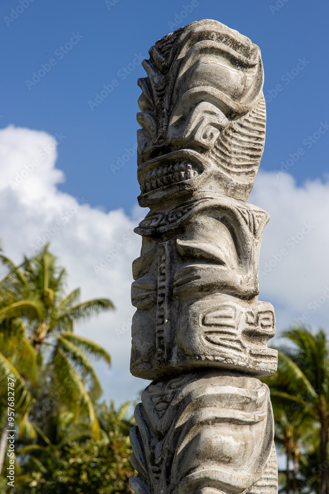 Tiki statue on French Polynesia tropical island Tiki statue on French Polynesia tropical island