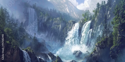 A majestic waterfall cascading down rocky cliffs in a pristine wilderness, capturing the power and wonder of nature