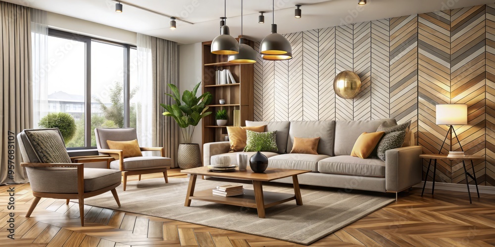 A contemporary living room boasts stylish furniture with sleek silhouettes, geometric patterns woven into the textiles, A contemporary living room boasts stylish furniture with sleek silhouettes, geometric patterns woven into the textiles,