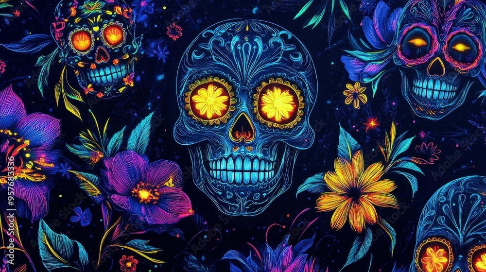 Vibrant Neon Glow Effect on Sugar Skulls and Flowers Illuminating Dark Background