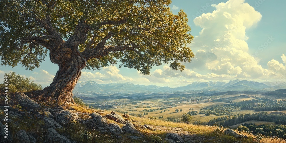 Scenic landscape with a large tree on a hilltop overlooking a valley and mountains in the distance Scenic landscape with a large tree on a hilltop overlooking a valley and mountains in the distance