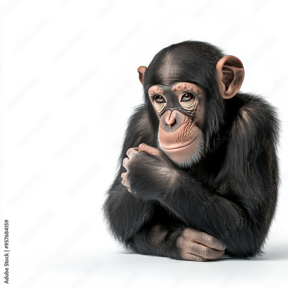 A thoughtful chimpanzee sitting pensively with a curious expression, showcasing the intelligence of this fascinating primate. A thoughtful chimpanzee sitting pensively with a curious expression, showcasing the intelligence of this fascinating primate.