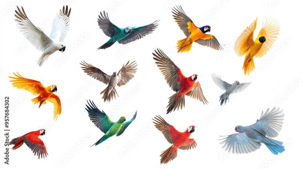 A vibrant collection of various birds in flight, showcasing stunning colors and graceful movements against a clean background. A vibrant collection of various birds in flight, showcasing stunning colors and graceful movements against a clean background.