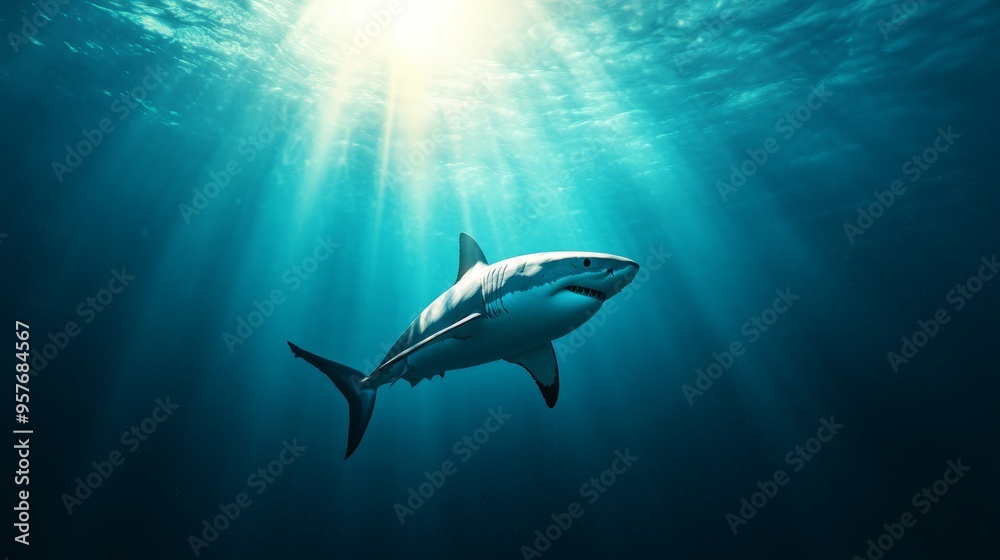 Fototapeta premium Majestic shark swimming in deep blue ocean waters, illuminated by sunlight rays piercing through the surface. Marine life and adventure concept.