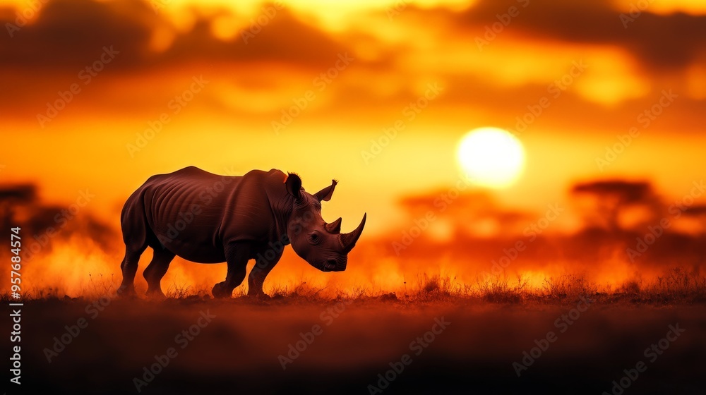 Fototapeta premium Majestic rhinoceros walking in savannah at sunset, with vibrant orange sky and serene landscape.