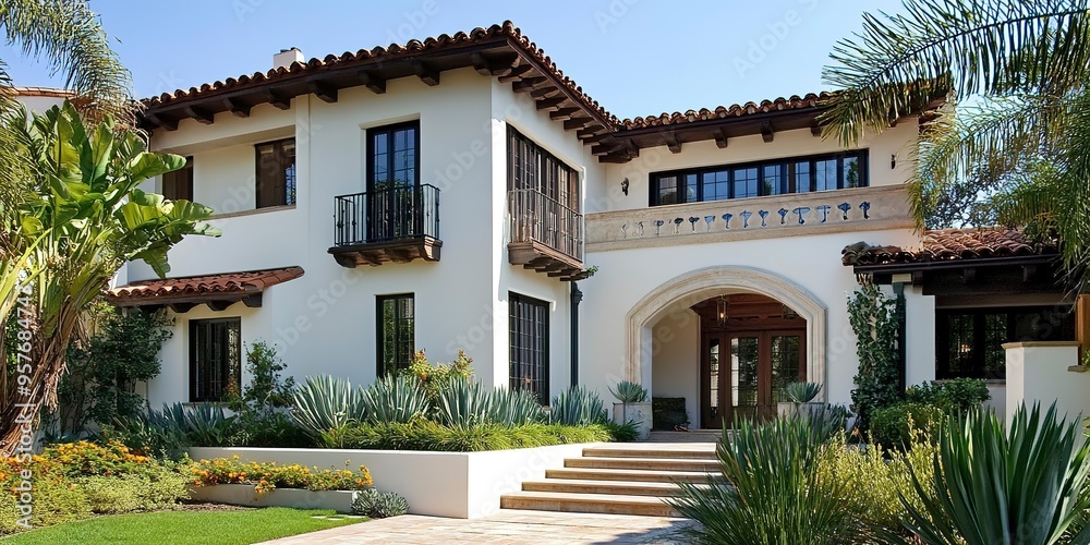 Fototapeta premium Beautiful Modern Spanish Style Home Exterior, Modern Home