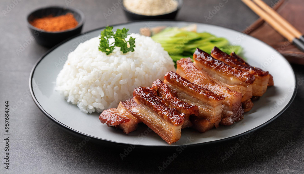 Crispy pork is a popular dish. Crispy pork is served on a plate of rice, ready to eat. Crispy pork is a popular dish. Crispy pork is served on a plate of rice, ready to eat.