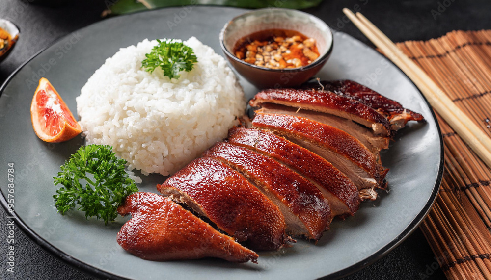 Roast duck is a popular dish. Roast duck is served on a plate of rice, ready to eat. Roast duck is a popular dish. Roast duck is served on a plate of rice, ready to eat.