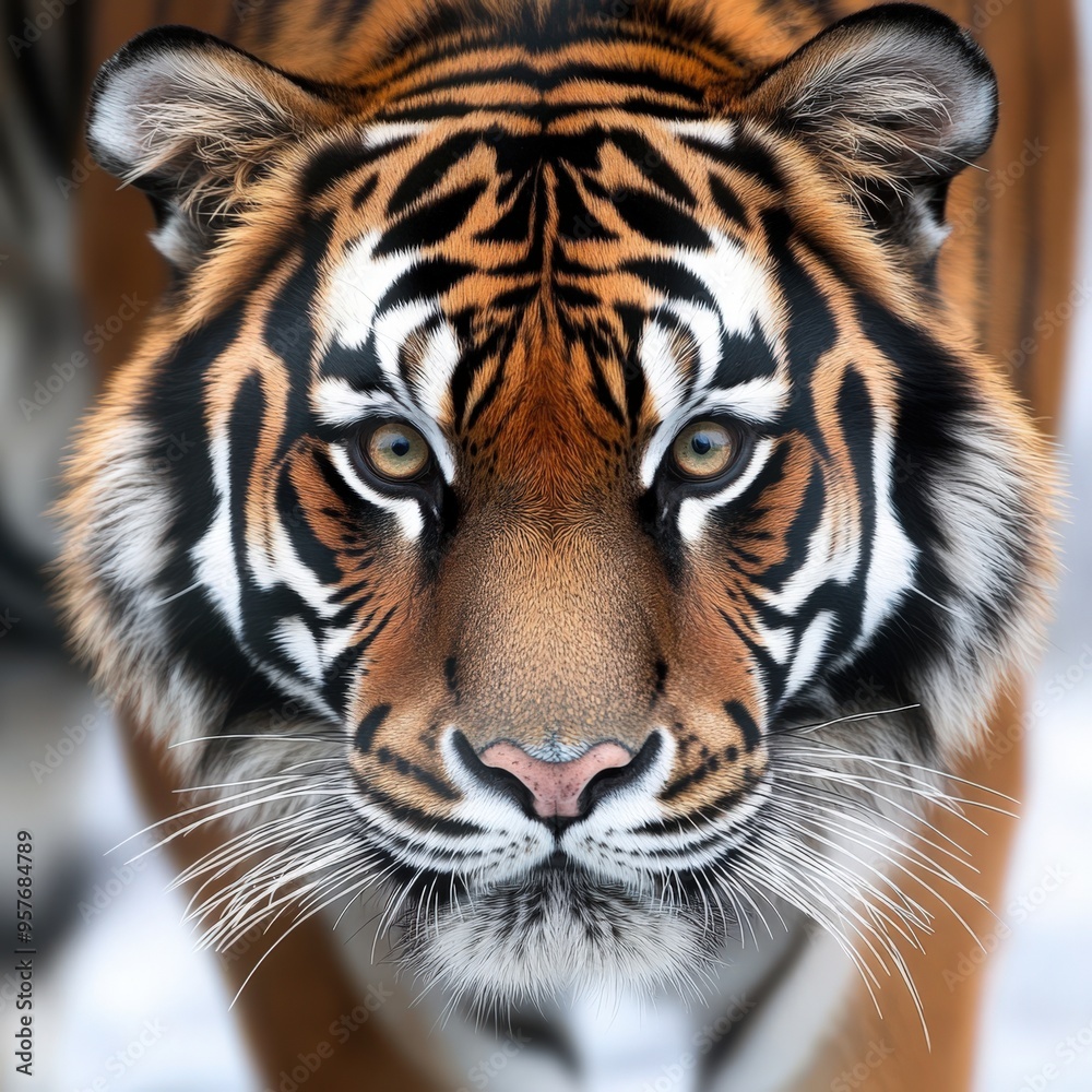 Close-up of a majestic tiger's face, showcasing its striking patterns and piercing eyes in a natural habitat. Close-up of a majestic tiger's face, showcasing its striking patterns and piercing eyes in a natural habitat.