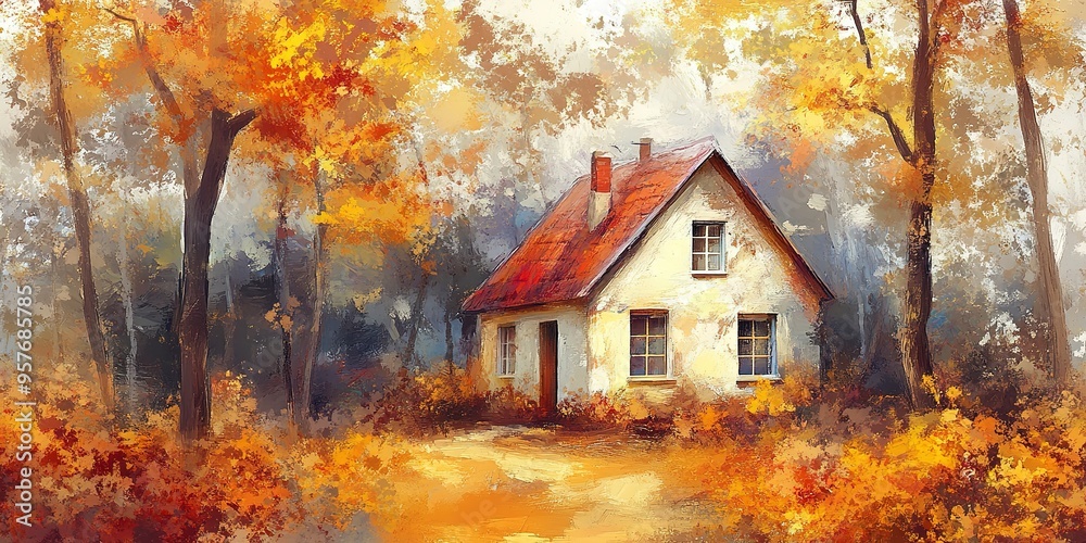 beautiful cute house in autumn forest, artful painting style illustration with grungy brush stroke texture beautiful cute house in autumn forest, artful painting style illustration with grungy brush stroke texture