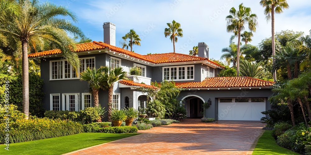 Obraz premium Charming gray-walled residence boasts vibrant red tiled roof, lush tropical gardens with palm trees, and immaculate driveway, garage, and white accent trim. 