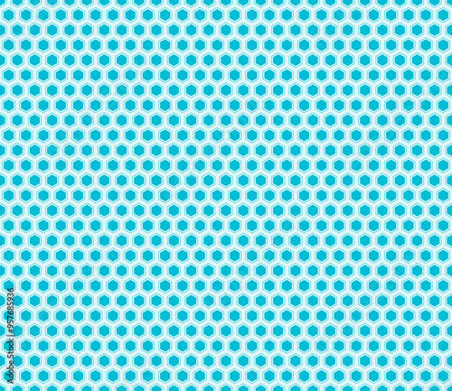 Minimal geometric background. Cyan color on matching background. Hexagon mosaic cells with padding and inner solid cells. Hexagon shapes. Seamless pattern. Tileable vector illustration.