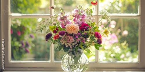 A bouquet of fresh flowers in a glass vase on a window sill, capturing natural beauty and floral arrangement