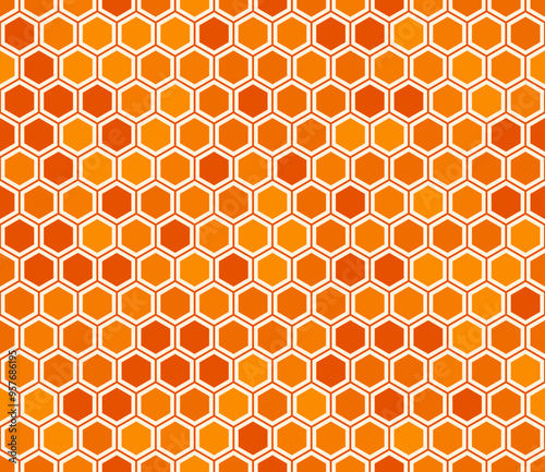 Minimal geometric background. Simple hexagon pattern with inner solid cells. Orange color tones. Hexagon cells. Seamless pattern. Tileable vector illustration.