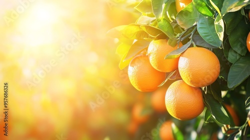 Ripe oranges hanging on a tree in the sunlight, symbolizing freshness and nature's bounty. Perfect for agribusiness or health-related themes.