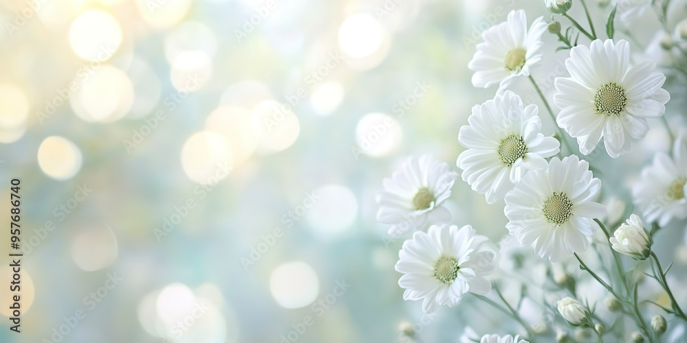 elegant white flowers with soft bokeh background, mourning and funeral imagery with copy space for text elegant white flowers with soft bokeh background, mourning and funeral imagery with copy space for text