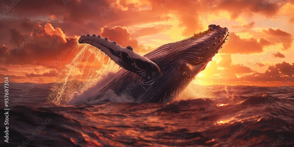 Fototapeta premium Humpback Whale Emerging while Hunting for Prey in the Arctic Ocean
