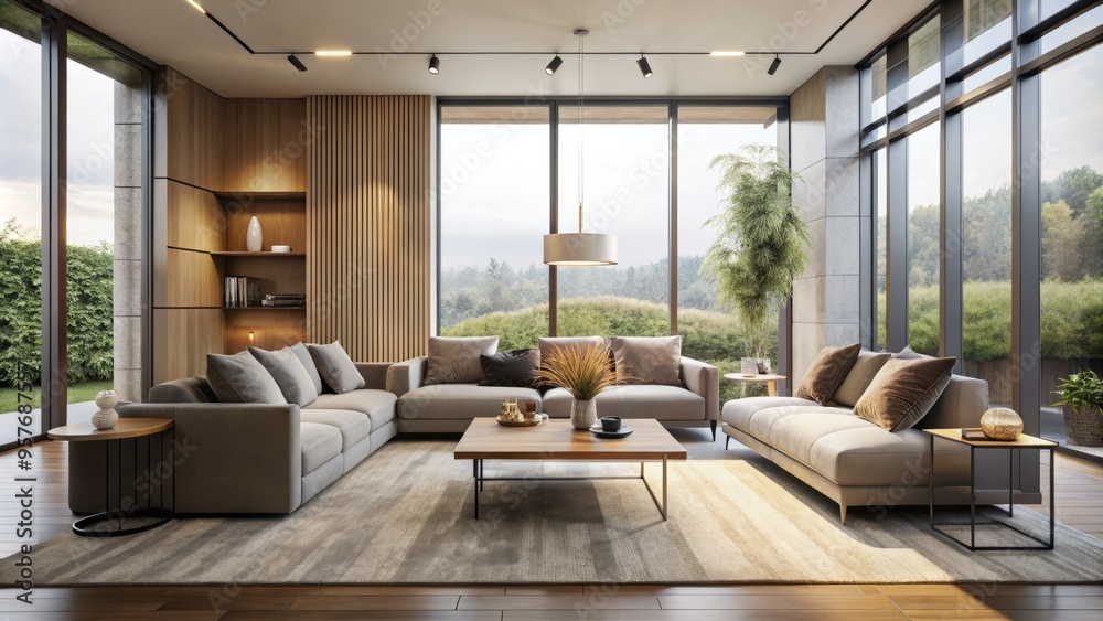 A modern minimalist living room features plush seating amidst a neutral color palette, flooded with natural light A modern minimalist living room features plush seating amidst a neutral color palette, flooded with natural light