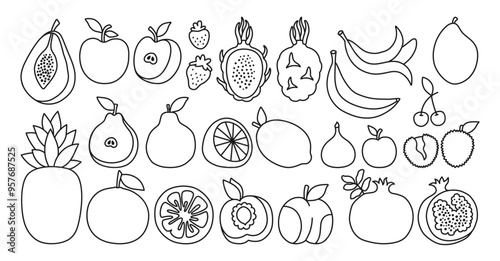 Fruits or berries simple symbol set. Sliced doodle lemon orange apple pear, watermelon peach papaya fig, pineapple dragon fruits kiwi mango banana pomegranate. Juicy strawberry plum cherry vector sign