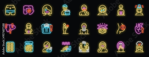 Neon icon set representing the various aspects, symptoms and consequences of bulimia, an eating disorder