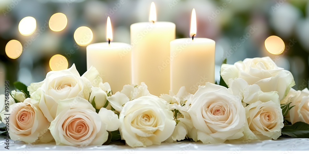 Elegant White Candles and Roses for a Memorial Service Elegant White Candles and Roses for a Memorial Service