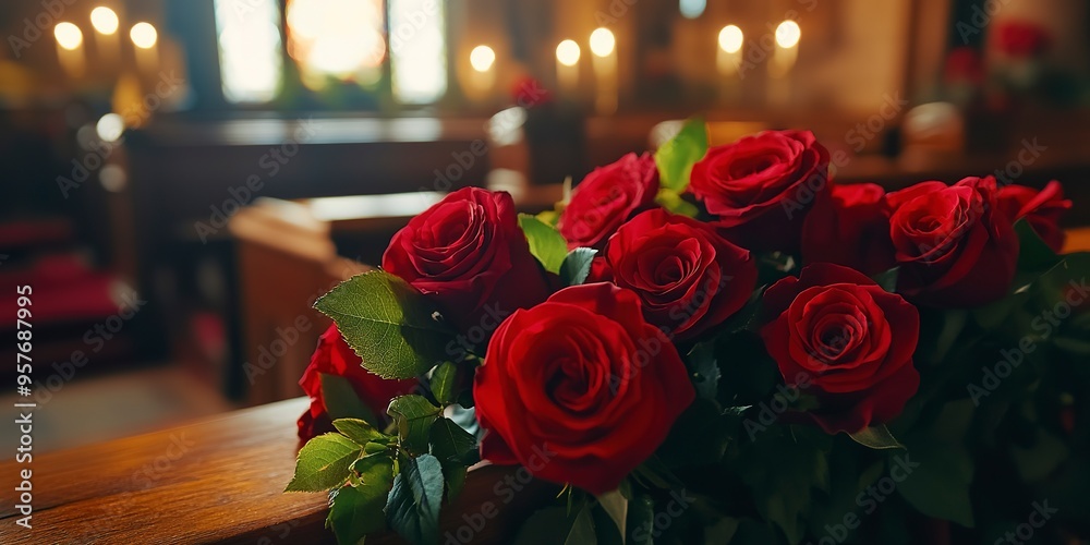 Obraz premium Photo of a closed coffin covered with roses at a funeral service. Funeral concept, church farewell ceremony 