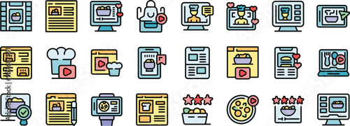 Diverse set of icons representing food blogging activities, online culinary content creation, and digital food experiences