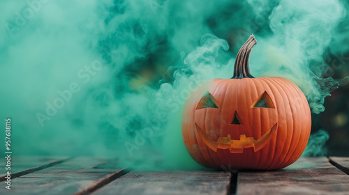 Halloween night orange pumpkin, carved with frightening face, emitted cloud of smoke it sat amidst dark autumn leaves, creating skittish atmosphere filled with ghostly horror evil sense of dread. photo