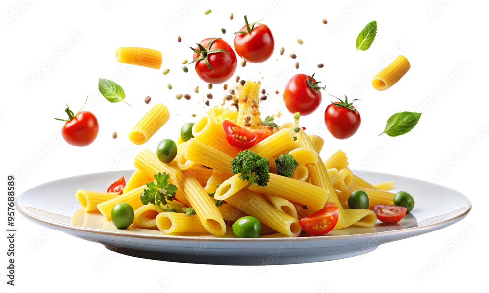 Delicious Macaroni Pasta Served on a Plate, with Floating Noodles Against a Transparent Background Delicious Macaroni Pasta Served on a Plate, with Floating Noodles Against a Transparent Background