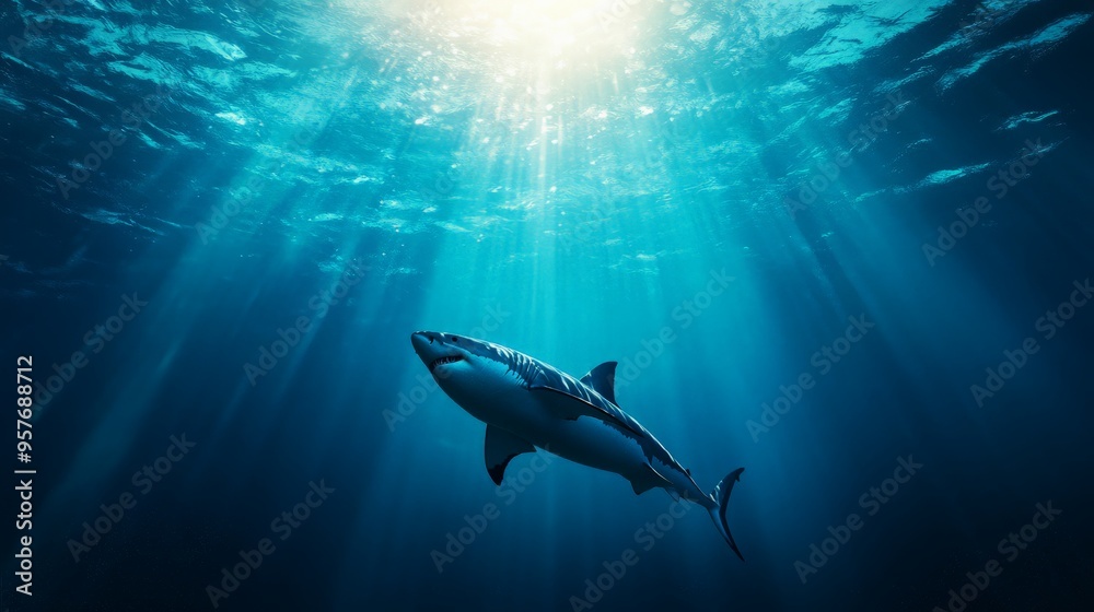 Stunning underwater shot of a shark swimming majestically in the deep ocean, illuminated by rays of sunlight filtering through the water surface. Stunning underwater shot of a shark swimming majestically in the deep ocean, illuminated by rays of sunlight filtering through the water surface.