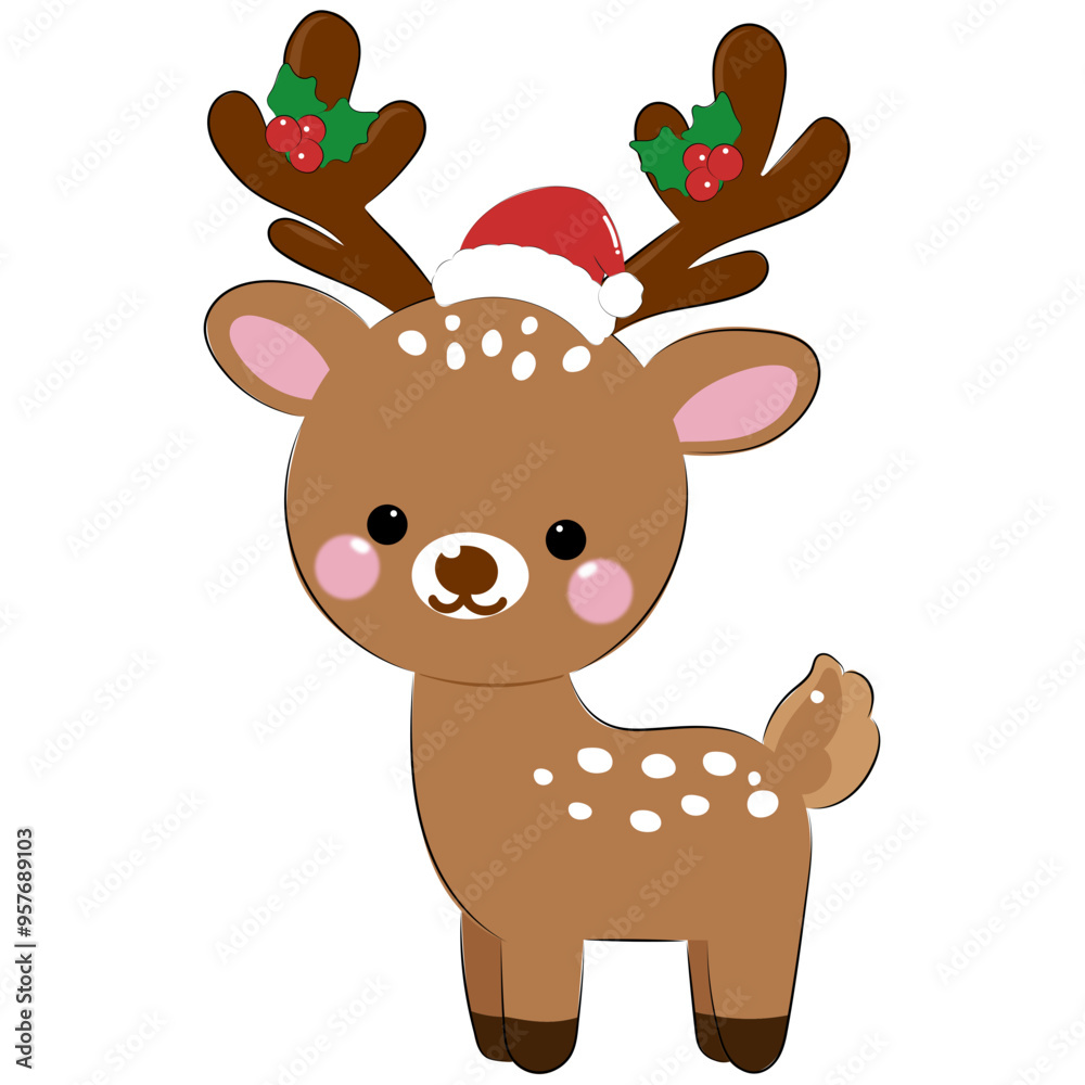 Fototapeta premium Cute cartoon reindeer with a red Santa hat and holly decorations, perfect for festive holiday designs and children’s content. The playful design and vibrant colors make it engaging and fun.