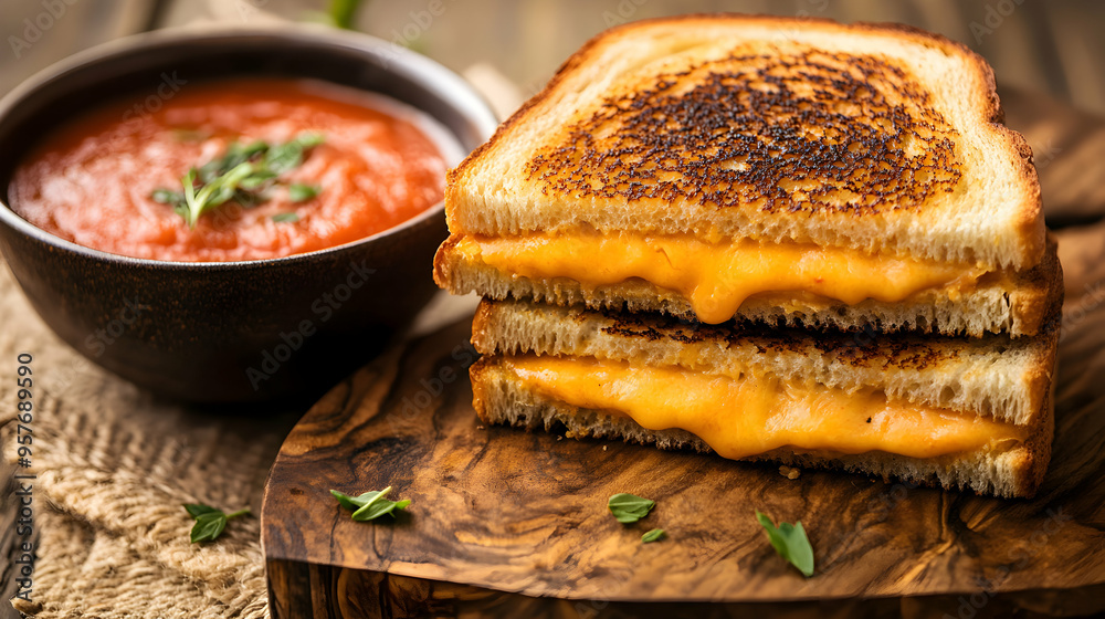 A grilled cheese sandwich with perfectly melted cheese stretching between two slices of buttery, golden-brown bread, served on a wooden board with a side of tomato soup in a cozy, homey setting, A grilled cheese sandwich with perfectly melted cheese stretching between two slices of buttery, golden-brown bread, served on a wooden board with a side of tomato soup in a cozy, homey setting,