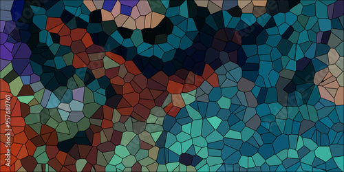 Abstract Seamless Multicolor Broken Stained-Glass Geometric Retro Tiles Pattern and Quartz Crystal Voronoi Diagram Background for Website, Fabric Printing, Brochures, Luxury/Premium Packaging	
