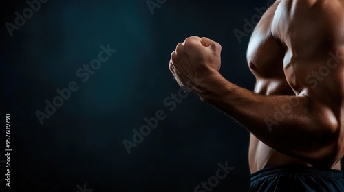 A strong male figure showcasing well-defined muscles and a powerful pose against a dark background, symbolizing strength and fitness. photo