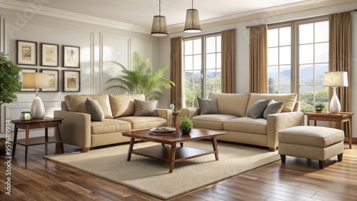 A serene living room features a beige sofa, chair, and ottoman, paired with a warm brown coffee table