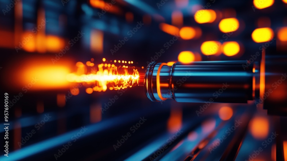 Close-up of a high-tech nozzle emitting vibrant sparks, showcasing intricate details in a futuristic setting. Close-up of a high-tech nozzle emitting vibrant sparks, showcasing intricate details in a futuristic setting.