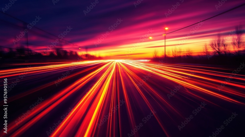 Stunning twilight scene showcasing vibrant colors of a sunset with dynamic light trails on a road, creating an energetic atmosphere. Stunning twilight scene showcasing vibrant colors of a sunset with dynamic light trails on a road, creating an energetic atmosphere.