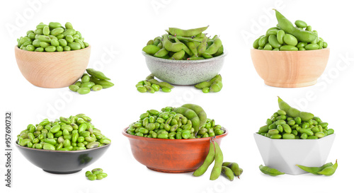 Fresh green soy beans in bowls isolated on white