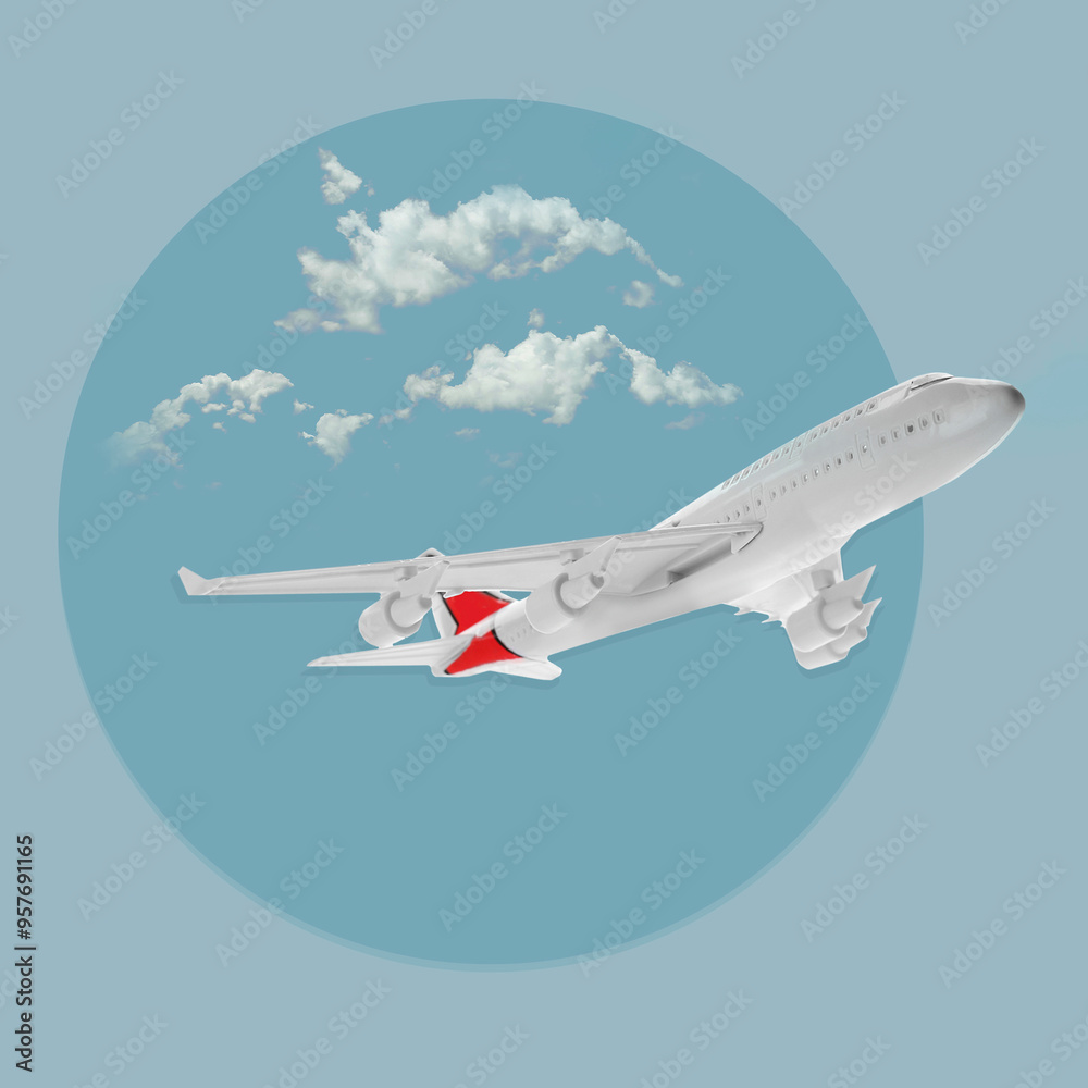 Airplane on light blue background with clouds. Time to travel Airplane on light blue background with clouds. Time to travel