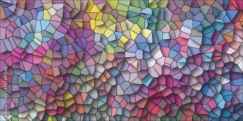 3D Abstract Seamless Multicolor Broken Stained-Glass Geometric Retro Tiles Pattern and Quartz Crystal Voronoi Diagram Background for Website, Fabric Printing, Brochures, Luxury/Premium Packaging	