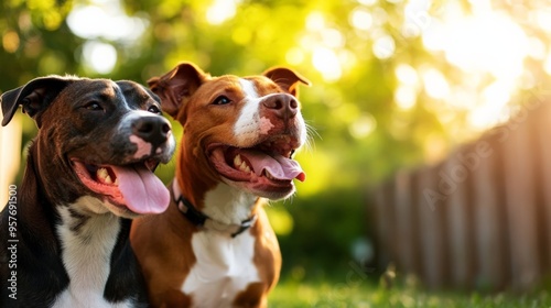 Two happy dogs with tongues out, sitting together in a garden during a sunny day, enjoying the sunlight and fresh air.