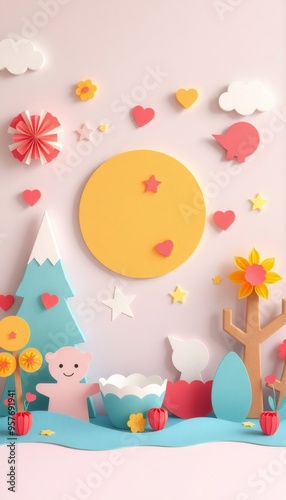 Cute papercraft scene with pink background, a yellow sun, blue tree, pink bear and red hearts.