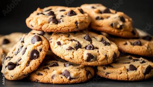 Close-up of Chocolate Chip Cookies Stacked on a Black Surface