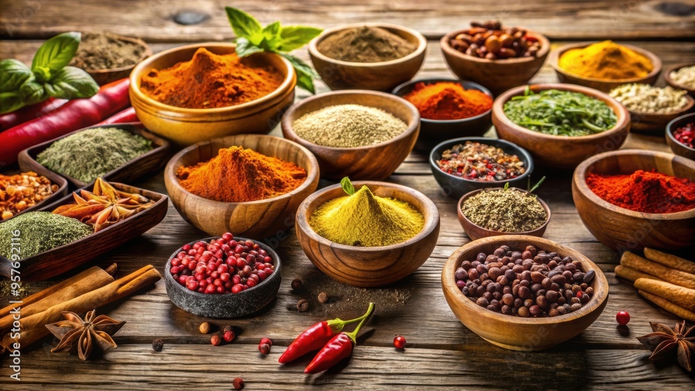 Assorted spices in wooden bowls on a rustic table , cooking, kitchen, culinary, food, seasoning, vibrant, colorful Assorted spices in wooden bowls on a rustic table , cooking, kitchen, culinary, food, seasoning, vibrant, colorful