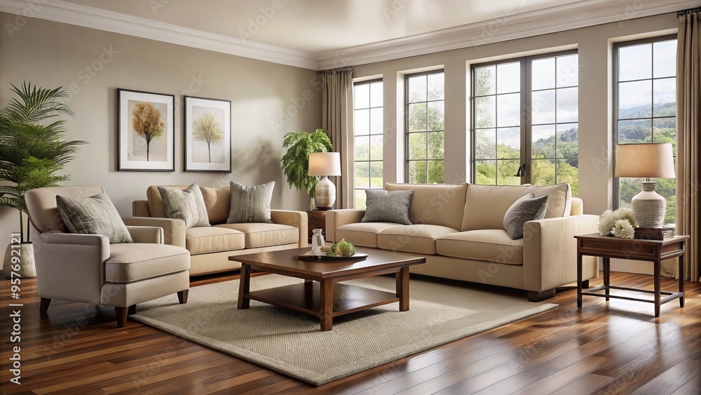 A spacious living room boasts a beige sofa, chair, and ottoman, complemented by a rich brown coffee table A spacious living room boasts a beige sofa, chair, and ottoman, complemented by a rich brown coffee table