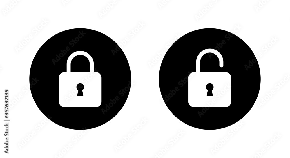 Lock and unlock icon on black circle. Padlock concept Lock and unlock icon on black circle. Padlock concept