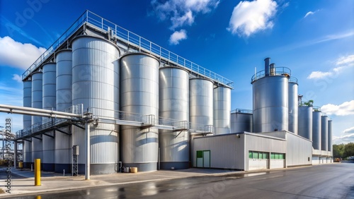 * A sprawling industrial complex houses a pet food manufacturing facility, dominated by towering storage tanks and