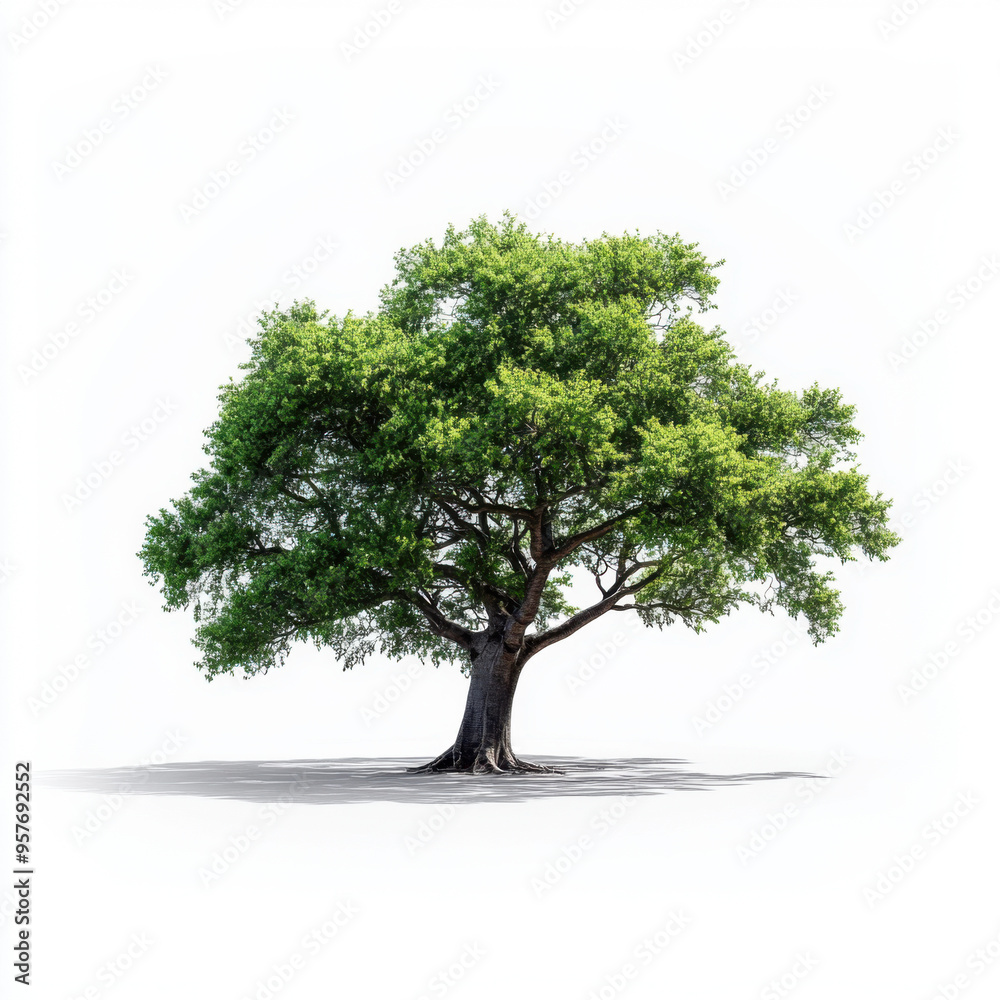 Obraz premium A large oak tree with abundant green foliage, isolated on a white background, representing strength, longevity, and natural beauty.