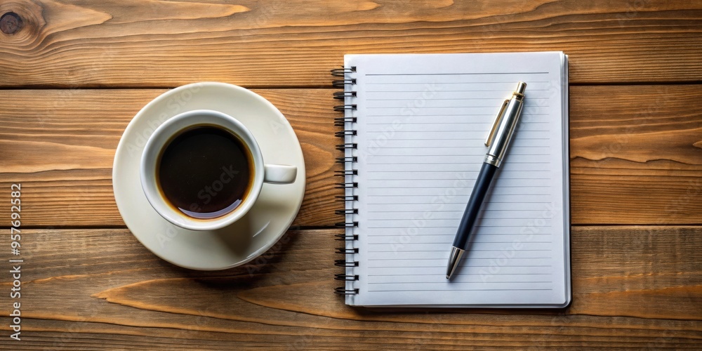 Top view of coffee cup, notebook, and pen on table, coffee, cup, notebook, pen, table, top view, workplace Top view of coffee cup, notebook, and pen on table, coffee, cup, notebook, pen, table, top view, workplace